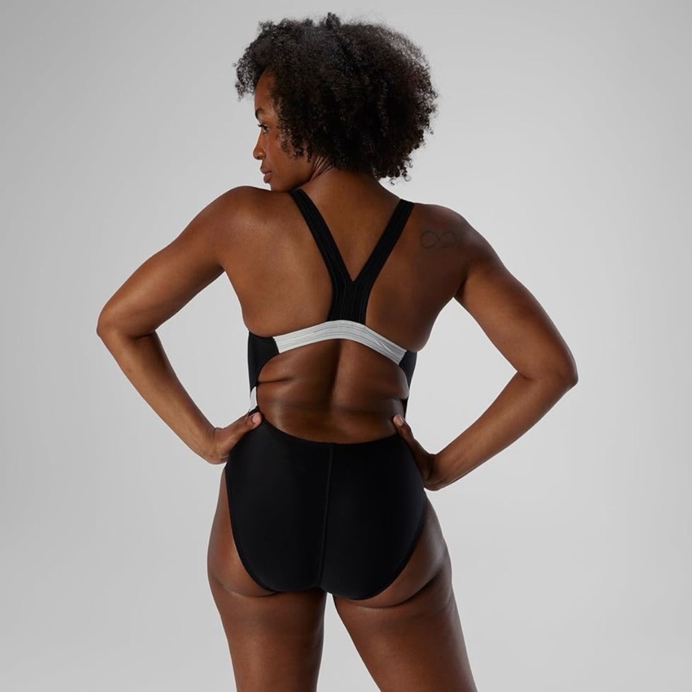 Speedo Swimsuit One Piece Creora Highclo Quantum Splice High Cut Black 12 NWT - Picture 2 of 10